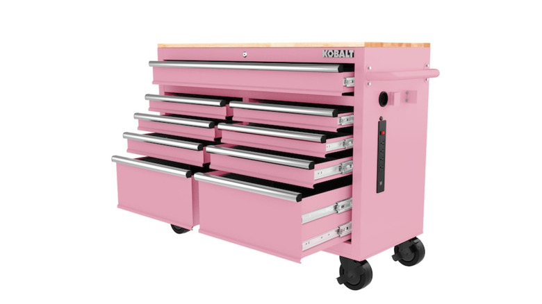 Kobalt's pink Rolling Wood Work Bench with all its drawers open