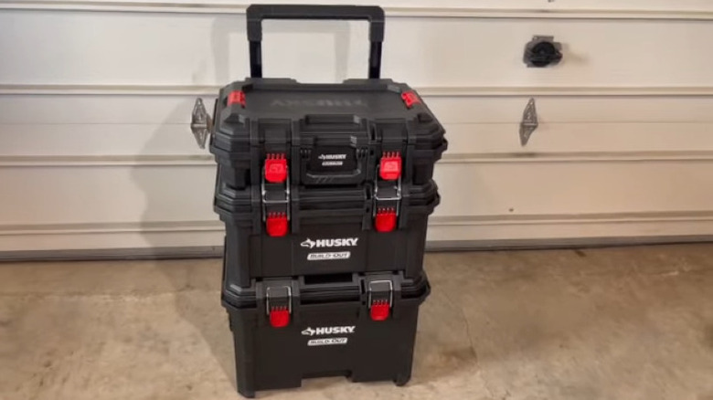 Husky Build-Out toolboxes in front of garage door