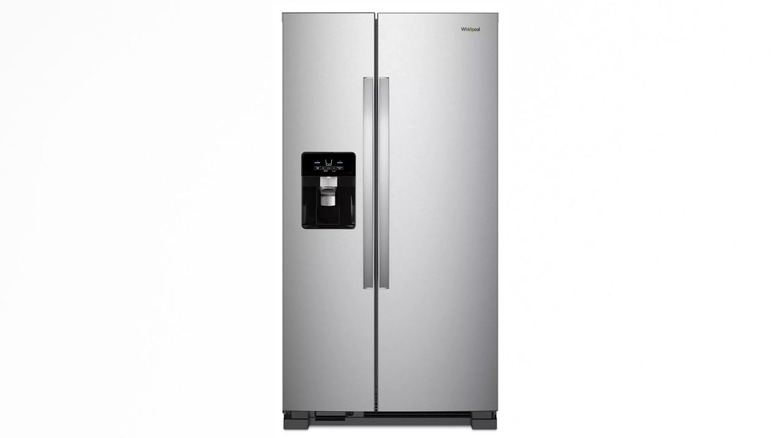A Whirlpool side-by-side refrigerator against a white background