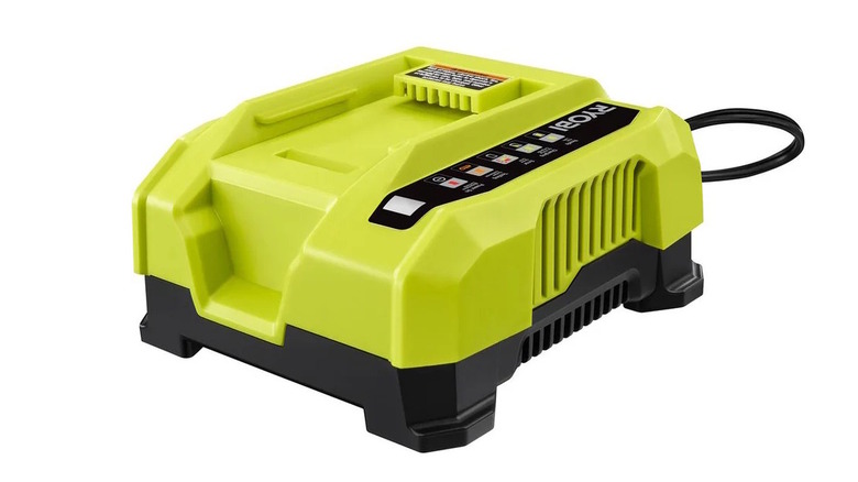 Green Ryobi battery charger on white background