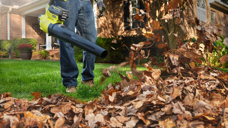 A man blowing leaves with a Ryobi leaf blower