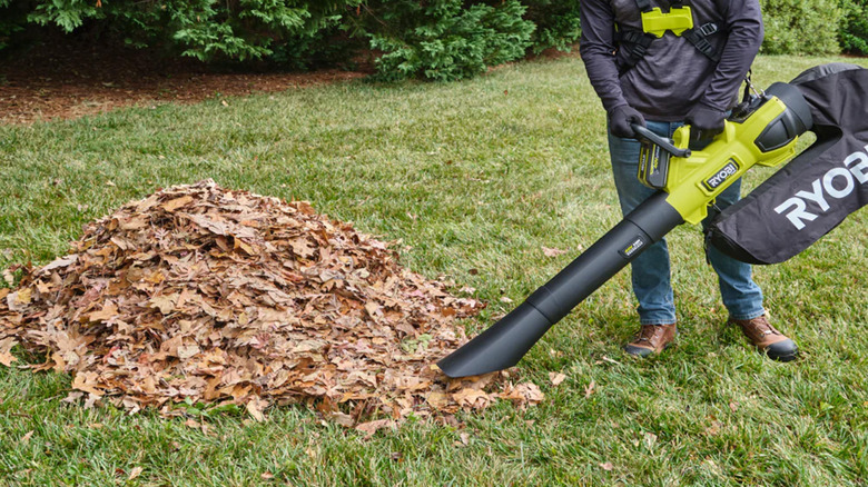 A person using a Ryobi leaf blower and vacuum combo