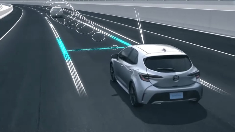 An illustration of Lane Trace Assist on a highway