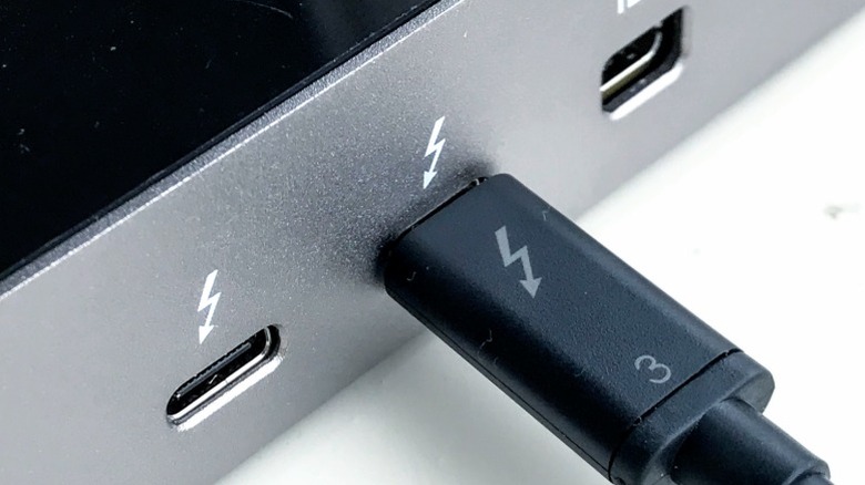 Closeup of Thunderbolt 3 cable connected to Thunderbolt 3 port