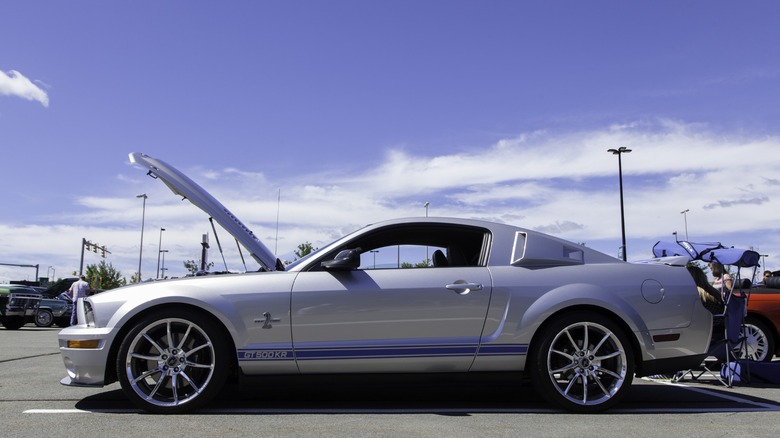 Silver 2009 GT500KR Mustang with the hood open