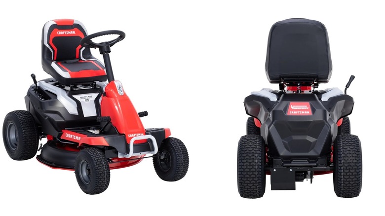 Split image: Craftsman electric riding mower from the front and back against a white background