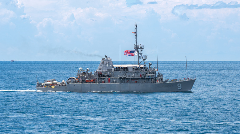 A US Navy minesweeper ship at sea