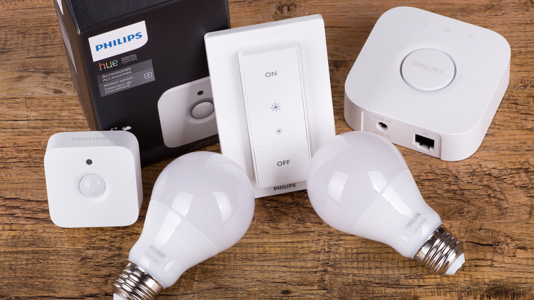 Philips hue smart bulbs, motion sensor, smart switch, and hub