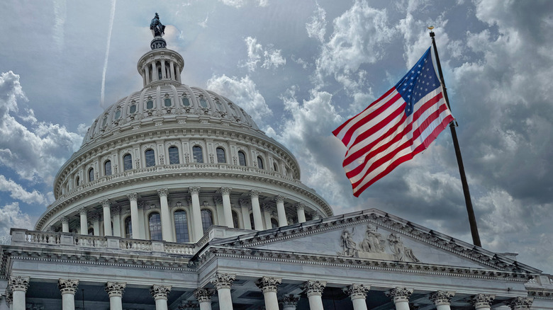 American flag flying in front of government building