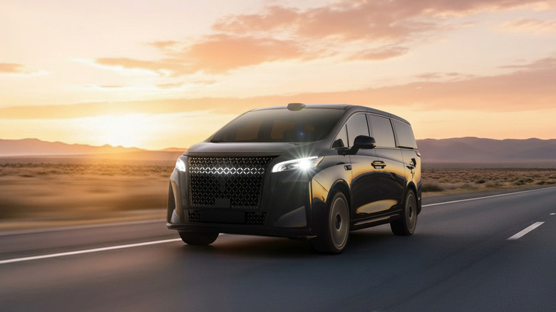 Unbranded MPV traveling along desert highway during sunset, front-left 3/4 view