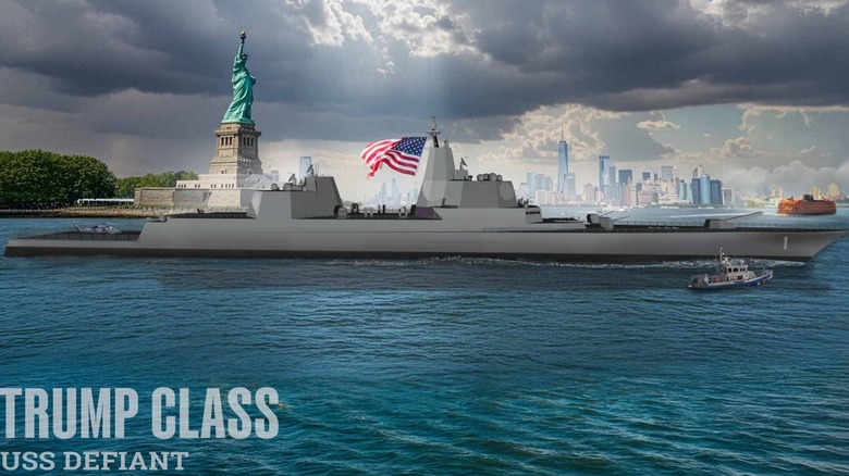 An artist's rendering of the USS Defiant (BBG-1) sailing past New York City