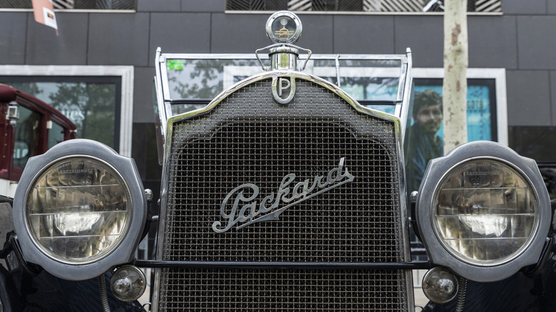 The front grille of a classic Packard car, with the Packard logo