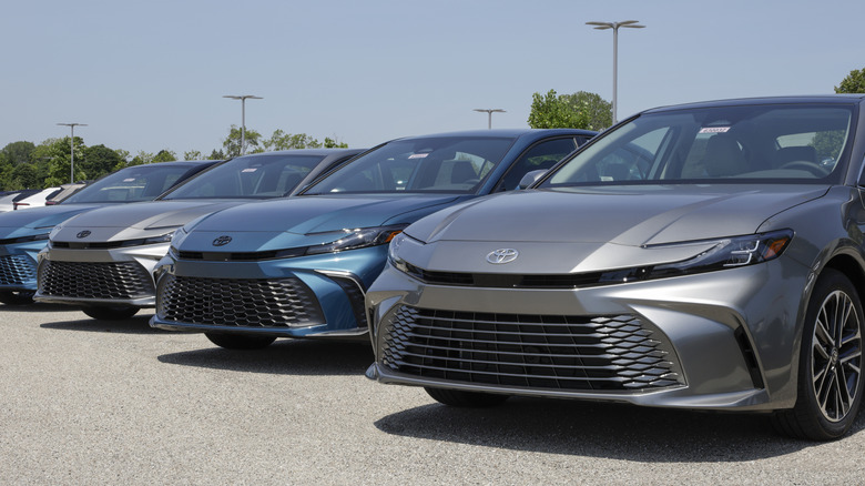 Front view of three Toyota Camry Hybrids parked on dealership lot.