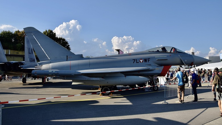 A Eurofighter Typhoon on display on the ground.