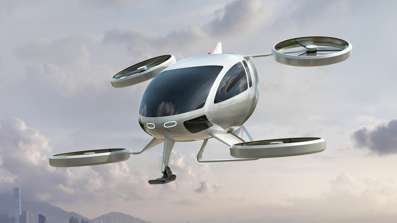 A rendering of an eVTOL in flight.