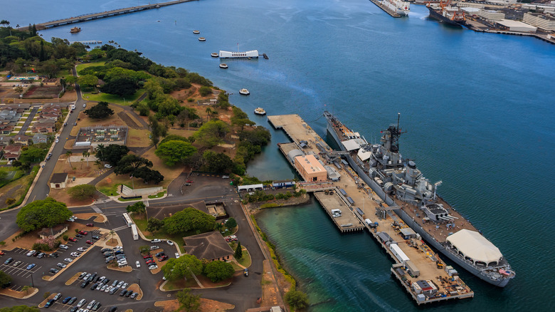 Aerial view of USS Missouri (BB-63) battleship and USS Arizona Memorial, World War II Valor In The Pacific National Monument in Pearl Harbor Honolulu Hawaii