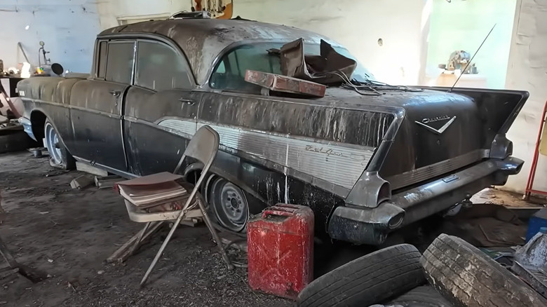 Rear-quarter shot of a '57 Chevrolet Bel Air in a barn