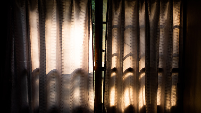 Light shining through a pair of windows covered with thin brown curtains