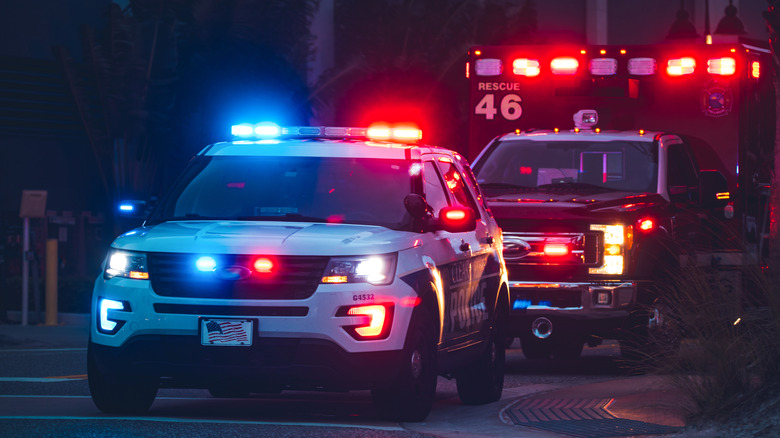 Emergency vehicles at night.