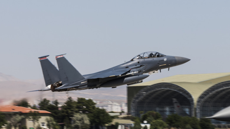 An F-15 Eagle taking off.