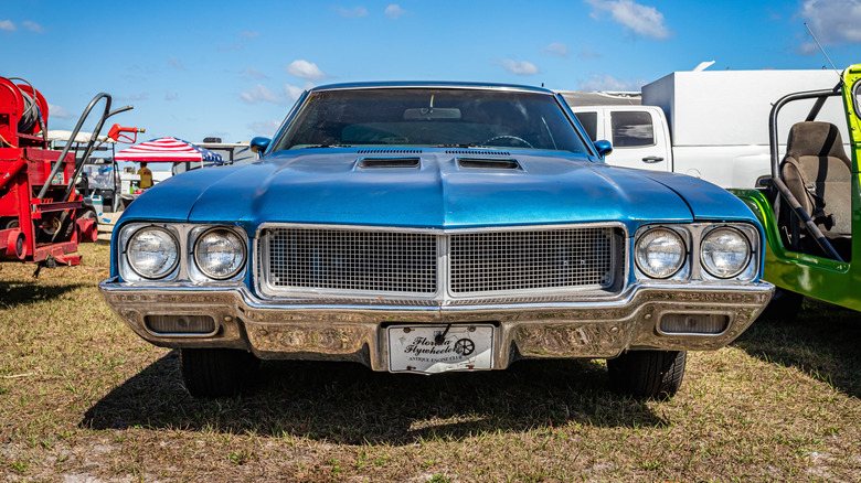 A front-end view of a blue 1970 Buick GS 455 Stage 1