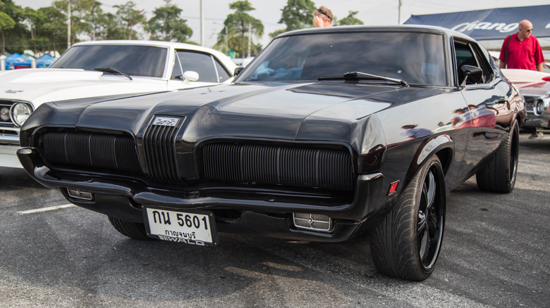 A front-end view of a black 1970 Mercury Cougar Eliminator