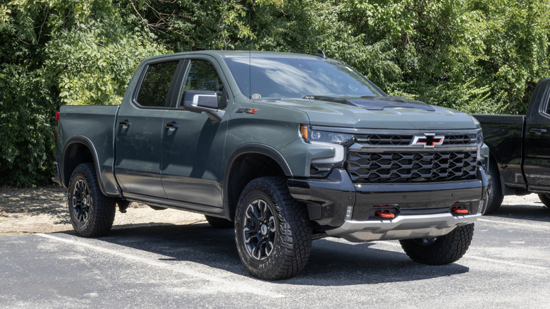 A gray 2019 Chevrolet Silverado 1500 parked outdoors with green trees in the background.