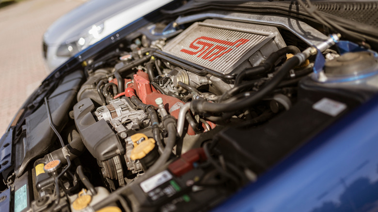 A close-up of a Subaru Impreza STI boxer engine.