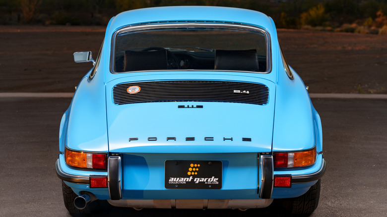 A rear end shot of a 1970s Porsche 911E