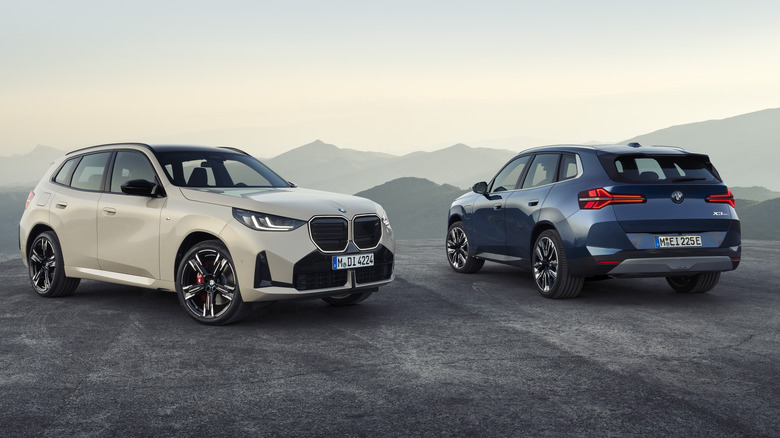 Two 2024 BMW X3 models parked next to each other with mountains in the background.