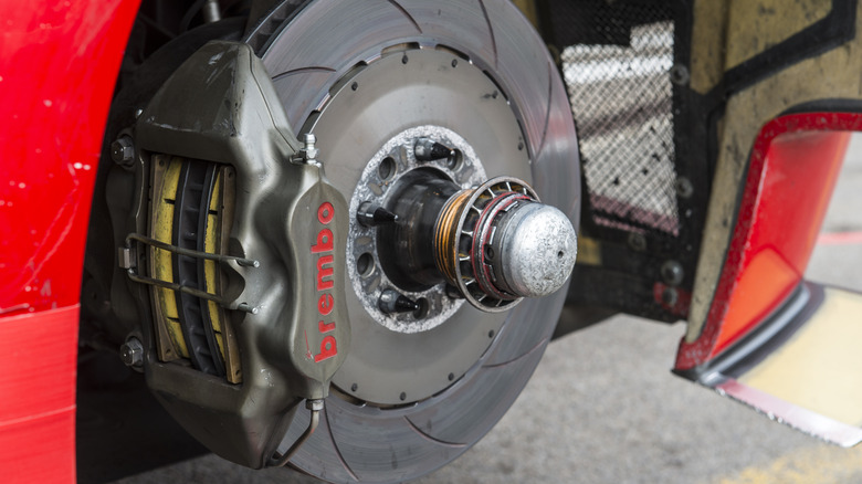 Close up of Brembo fixed brake caliper from Ferrari 458 Italia GT3