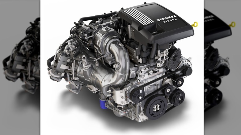 GM Duramax diesel engine on a white background