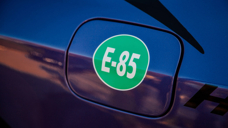 A fuel door with E85 labeled on it