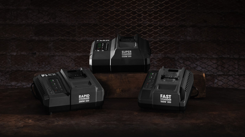 Flex battery chargers on a table.
