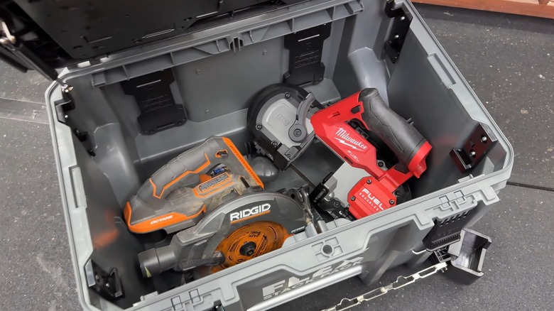 Flex Rolling Tool Box Storing Circular And Band Saw Power Tools