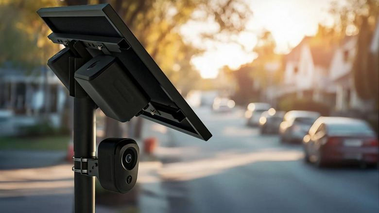 A Flock Safety automatic license plate reader at a suburban streetside