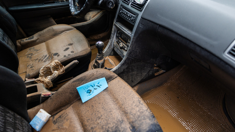 A general view of a damage car caused by flash floods