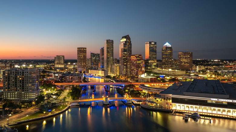 Downtown district of Tampa, Florida after sunset with brightly illuminated buildings
