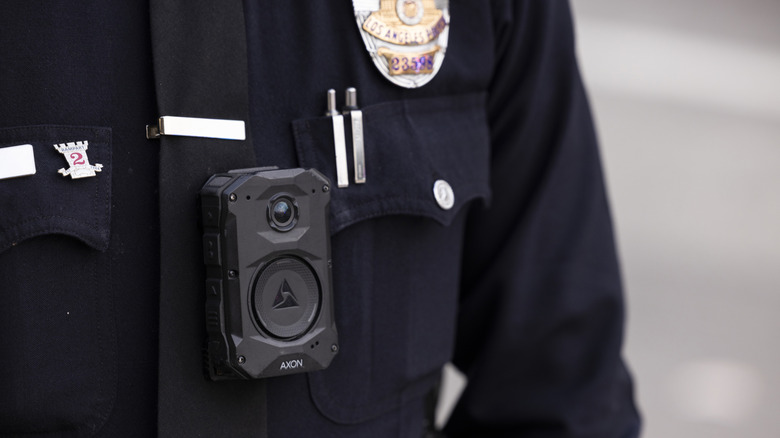 A close-up of an Axon body camera on an LAPD officer.