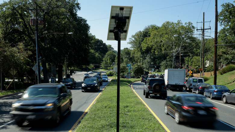 Traffic flowing past an Axon automatic license plate reader (ALPR) camera