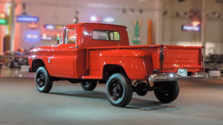 Red Chevrolet K20 pictured from a rear angle
