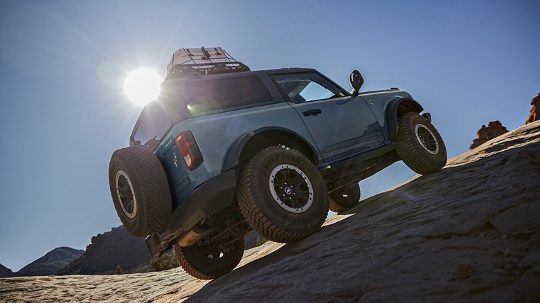 rear angle view of the two-door Ford Bronco with sasquatch package
