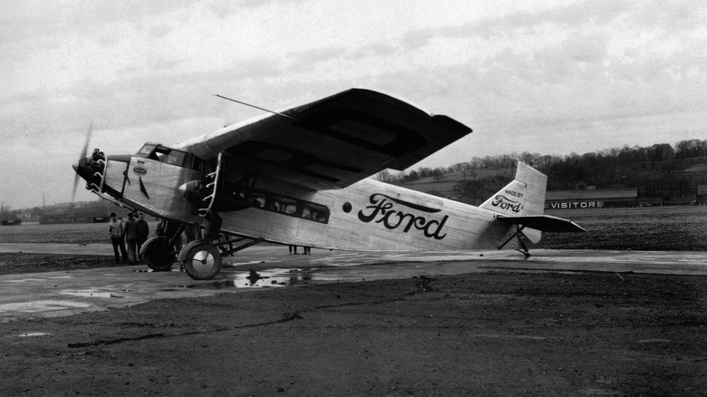 A Ford Tri-Motor on a runway in 1927