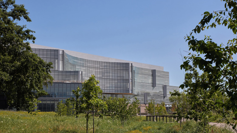 New Ford World Headquarters, viewed with trees in foreground