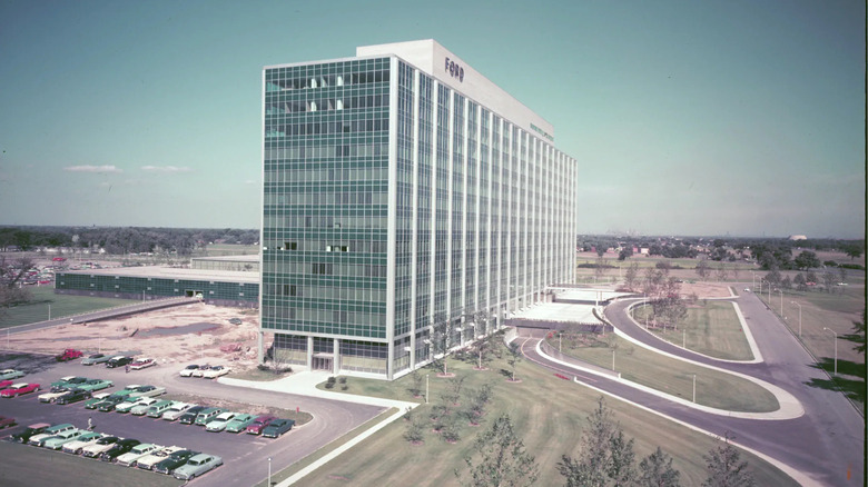 Ford Glass House, left-side view of building, aerial shot