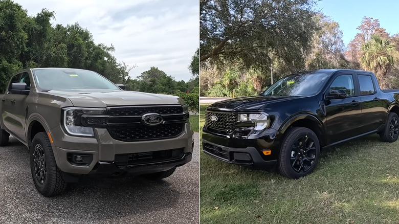 A dark olive gray Ford Ranger and a black Ford Maverick parked next to each other, front 3/4 view