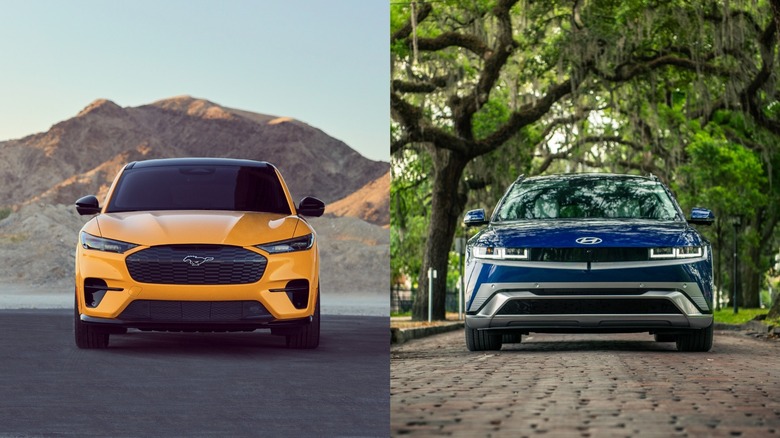 Split image of a Mustang Mach-E GT and Hyundai Ioniq 5
