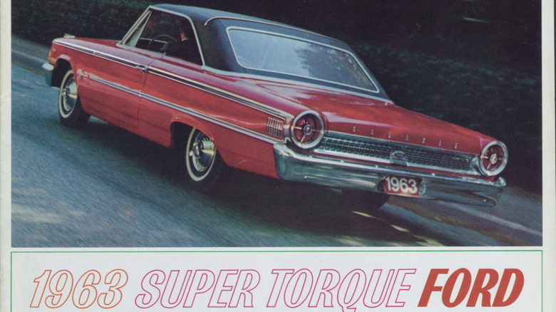 The 1963 Ford Galaxie brochure, featuring  a right rear 3/4 view of a red Galaxie on the road