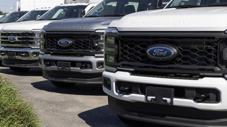 A lineup of Ford pickup trucks in a parking lot