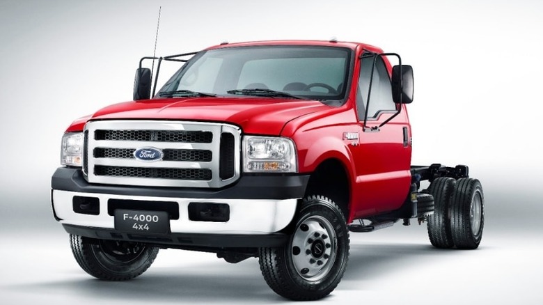 A red Ford F-4000 chassis cab truck on a white background.